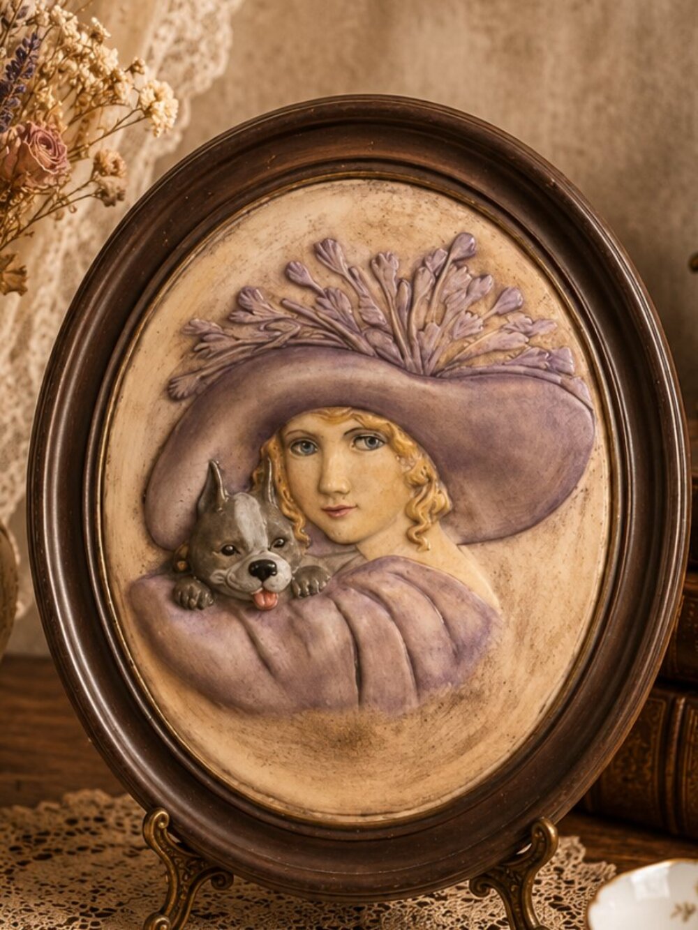 Vintage Victorian Lady With Dog Duncan 1975 Signed Ceramic Chalkware Wall Plaque